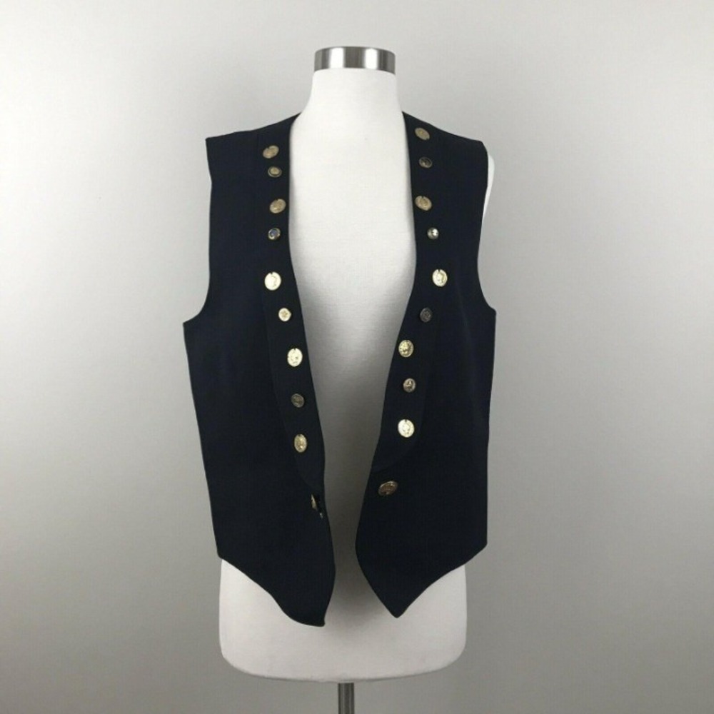 VINTAGE KL Vest Women Small Medium Black Golden Coin Buttons Accents Pointed V's